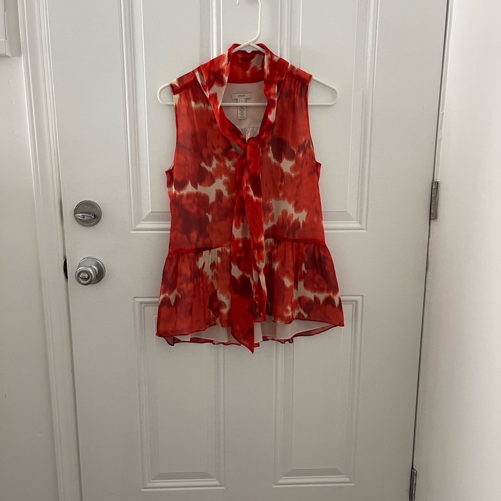 J.Crew 100% Silk Tie-Neck Peplum Blouse Burnt Orange Floral Size 0